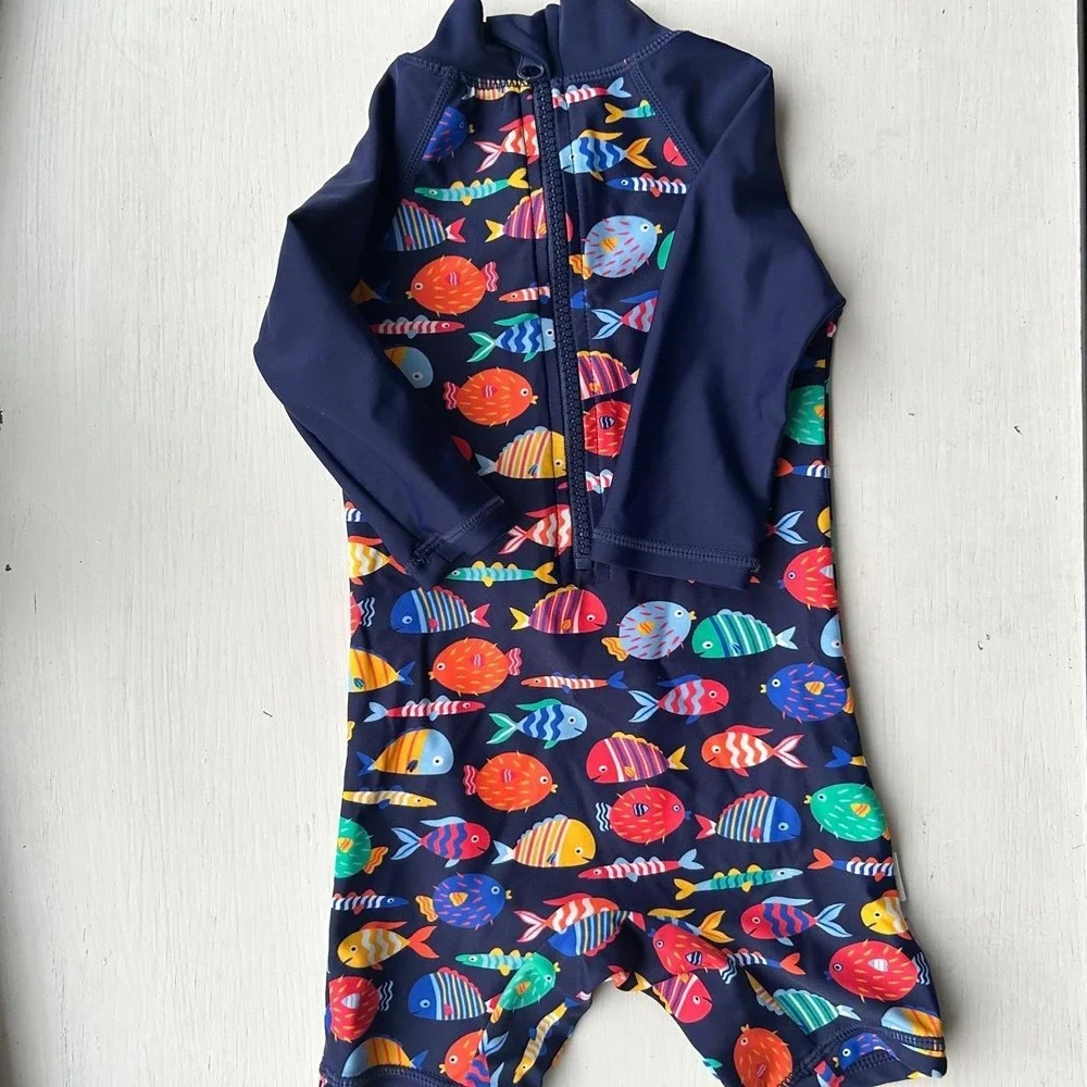 Multi colored one piece fish swim suit 6-12‎ m EUC